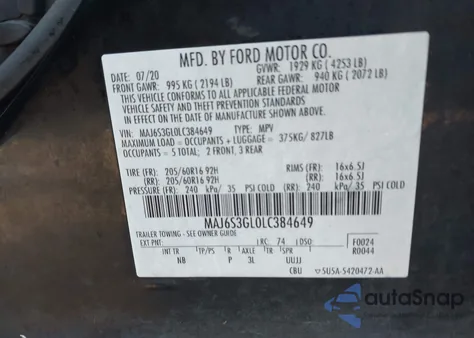 2020 Ford Ecosport Se из США, поврежденный, VIN MAJ6S3GL0LC384649